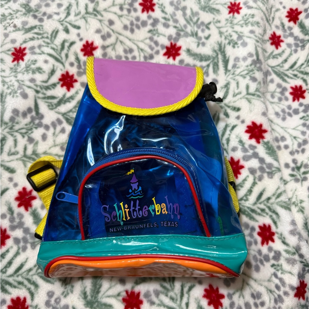 Colorful Schlitterbahn Clear Backpack blue vinyl retro water park bag